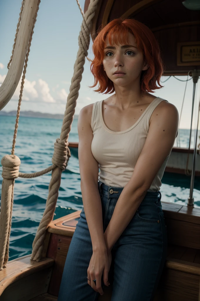 emilyrudd, nami, a woman with red hair on a wooden boat 