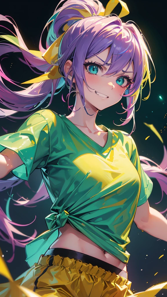 Best quality, Ultra detailed, best quality, insanely detailed, beautiful, masterpiece, 8k, 
break  
Colorful background, refraction Glowing white lines ,Crossing Light,light particles
break 
1lady, purple hair, long hair, high ponytail, (hair  ribon :1.2) , yellow ribon, ribon on hair, blue eyes, ultra detailed eyes, (light green shirts:1.5), mooring,( yellow pants:1.1) ,abs, navel, (Shirt with hem tied in front:1.0), Showcasing cleavage,
Break
(Waltz:1.5), upper body, (great joy;1.5), (evil grin:1.2), ,(scowl:1.1), (stare at viewer:1.5), ,(ecstasy:1.3) ,(vulgarity:1.3),(wet:0.8),(drooling:0.6),(sweat:0.8),