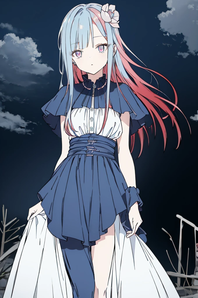 ((Highest quality)), ((masterpiece)), (Get used to it), Perfect Face , beautiful girl ,((split-color hair , red hair , light blue hair)),pink eyes、White and light blue flower hair ornament
