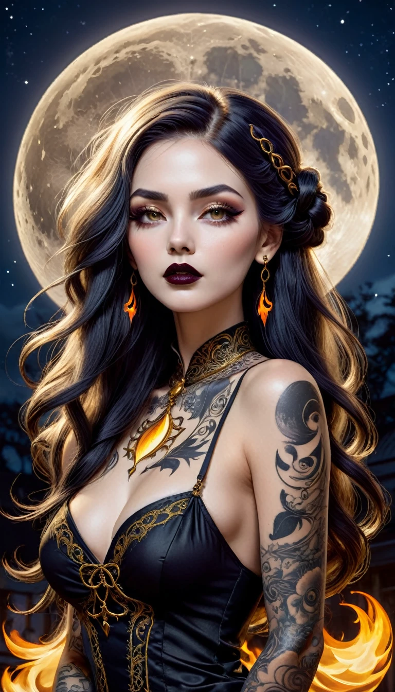 Goddess gothic, having very long knots hair, tattoo, patchwork clothes, , photorealistic theme , lovely face, perfect body, dark lips, , golden flaming, WLOP, breathtaking, moonlight, moon night background