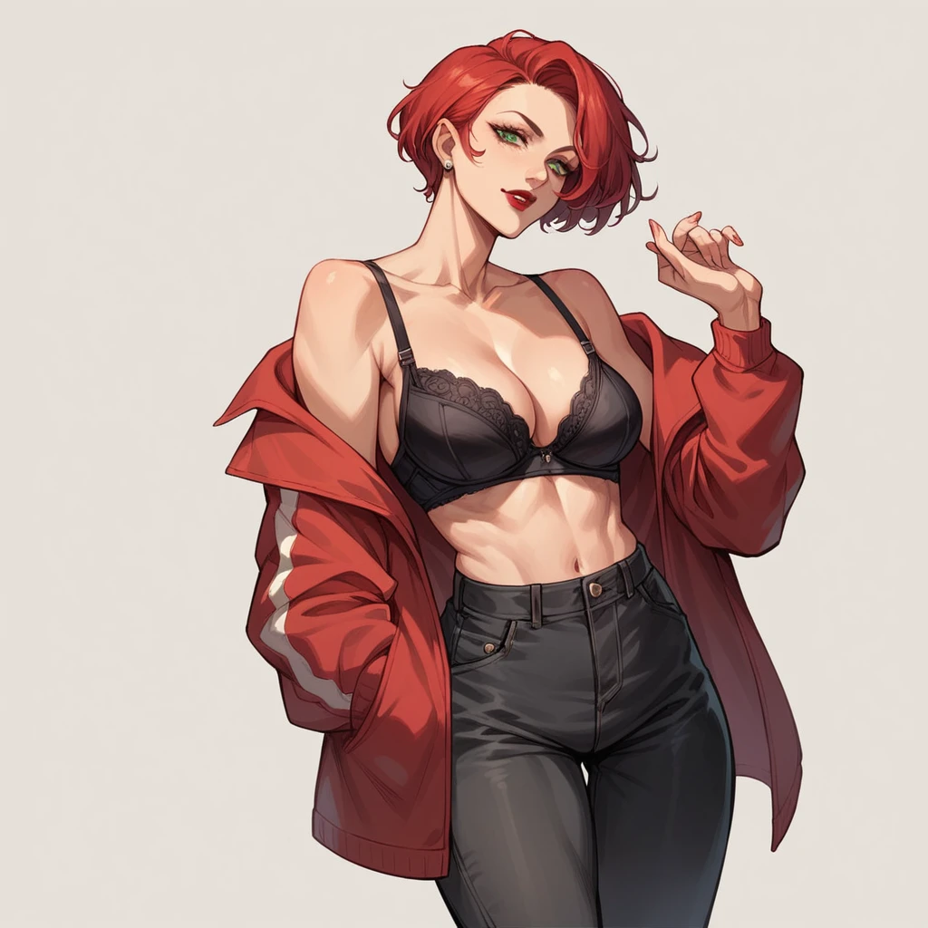 beautyfull red hair woman, short hair, mature, slender body, red jacket, black pants, black bra, red lipstick, green eyes