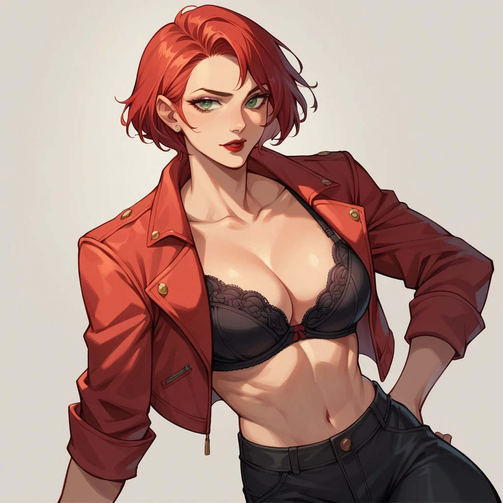 beautyfull red hair woman, short hair, mature, slender body, red jacket, black pants, black bra, red lipstick, green eyes