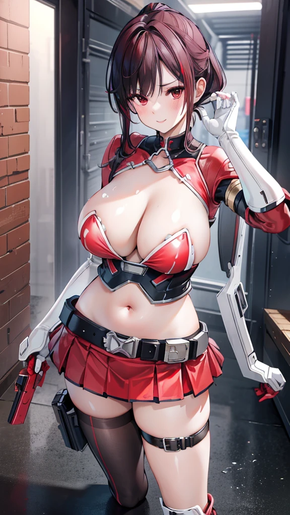 18 year old girl，，dark red hair，Ponytail hairstyle，Zhangzui smile，Huge breasts，Cleavage，Transparent red sleeveless top，Leave space in the middle to reveal Cleavage，Soaked all over，blush，Red eyes，female spy，red miniskirt，White gloves，White hand sleeves，White boots，Science fiction，future，Inside the robot warehouse，robot driver，He has a pistol hanging from his waist，lipstick，Nipple showing，Metal belt around waist