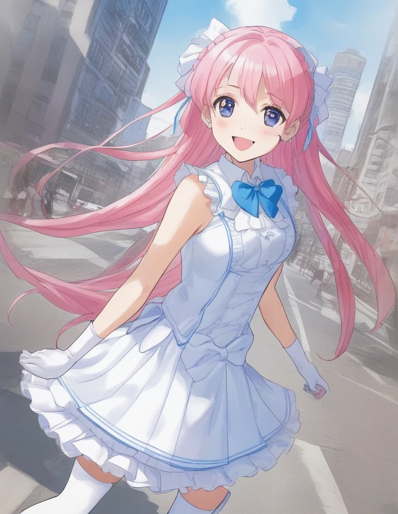 ,in city,blue sky,smile,cure prism, cure prism, pink hair, long hair, side braid, white ascot, white boots, elbow gloves, hair ribbon, earrings, layered skirt, heart ahoge, sleeveless