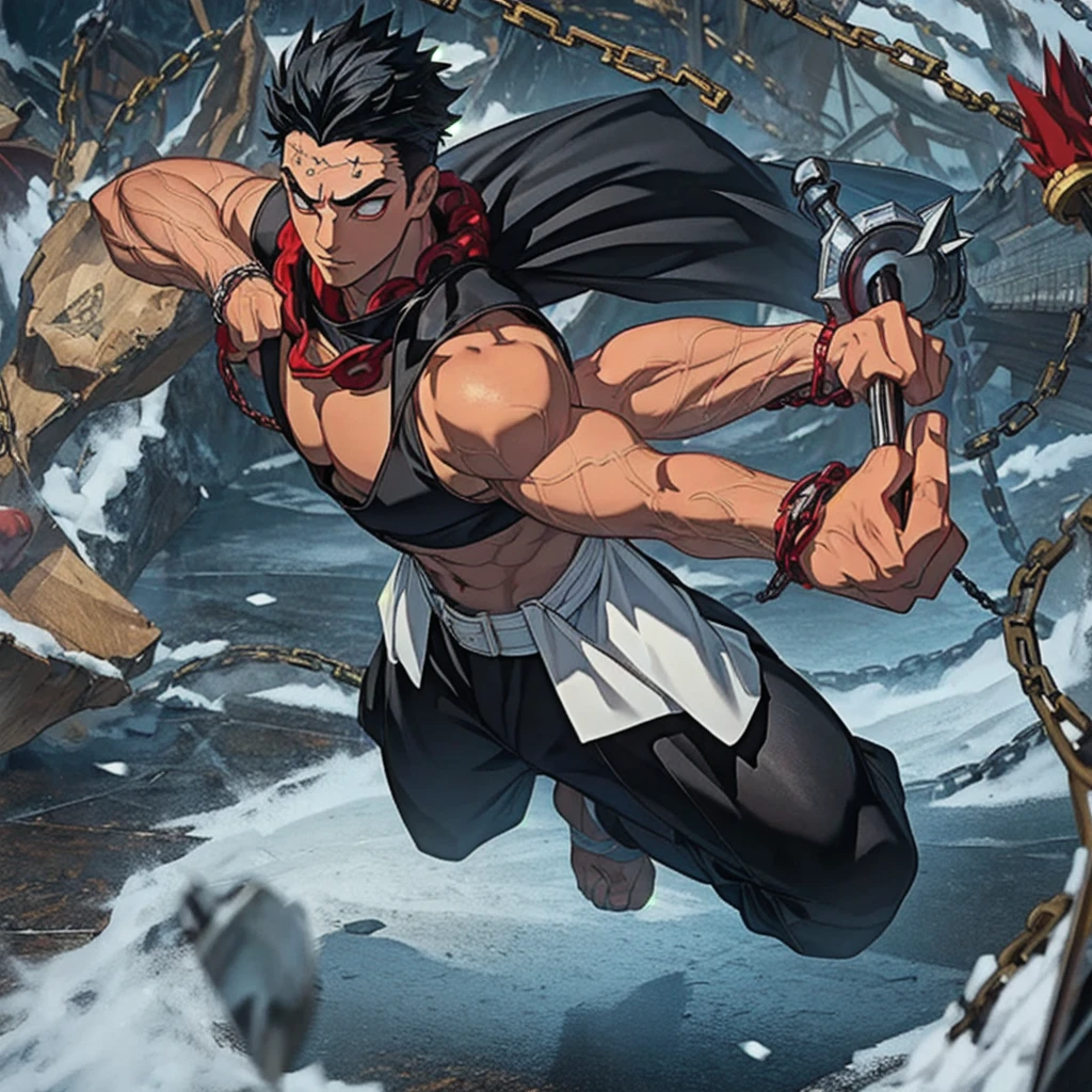 1male, solo, Black hair, white eyes, Gyomei Himejima (best quality, masterpiece: 1.4), Fight position, ready to fight, fighting pose, mad, huge body, swinging chains, spiked chain, axe chains