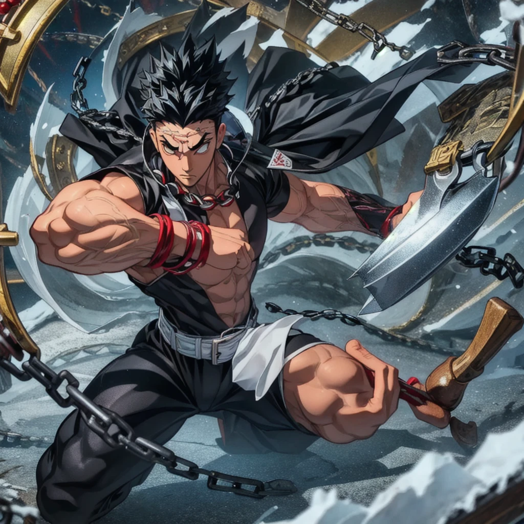 1male, solo, Black hair, white eyes, Gyomei Himejima (best quality, masterpiece: 1.4), Fight position, ready to fight, fighting pose, mad, huge body, swinging chains, spiked chain, axe chains