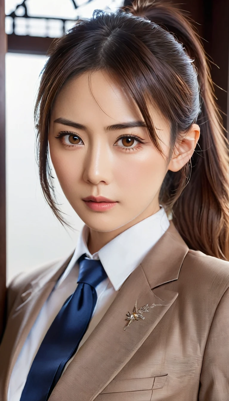 Beautiful 30 year old Japanese woman、Cowboy Shot、ponytail、、Dark brown eyes、detailedな目、detailedな虹彩、detailedな顔、Brown Hair Color、Beautiful Hair、Angry face (Facing the viewer)、business suit、Perfect business makeup、Glossy Lips、Shooting in front of the door、Portrait、Exquisite details、Depth of written boundary、(detailedな顔: 1.2)、(detailedな目: 1.2)、(detailedな背景)、(Gradation)、Shiny skin、Sharp focus、8k、uhd、high quality、Exquisite details、非常にdetailedな、Captivating silhouette、(Very beautiful face: 1.2)、Facing the viewer、Mature Woman、Mature Woman、((Center image))、detailed、masterpiece、