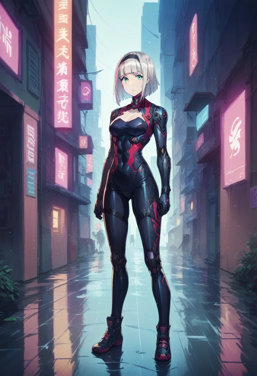 Anna nishikinomiya with the same body as a woman but with black iron armor from the torso to the feet, Cyborg style robotics showing full body (slim), in a raining alley of a cyberpunk city 