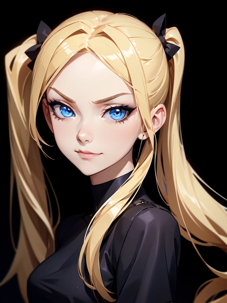 (((Portrait Photo))), She is a Young Girl with a Small, Slender Build, a Slim Figure, and an Arrogant Demeanor. She has Long, Blonde, and Tousled Hair, Styled in Two Twin Ponytails. Her Striking Blue Eyes Express a Mischievous and Smug Look, Giving Off a Arrogant Attitude. She Usually Wears an Oversized T-Shirt. (((High Quality, Dark Background))), (((Portrait Photo)))