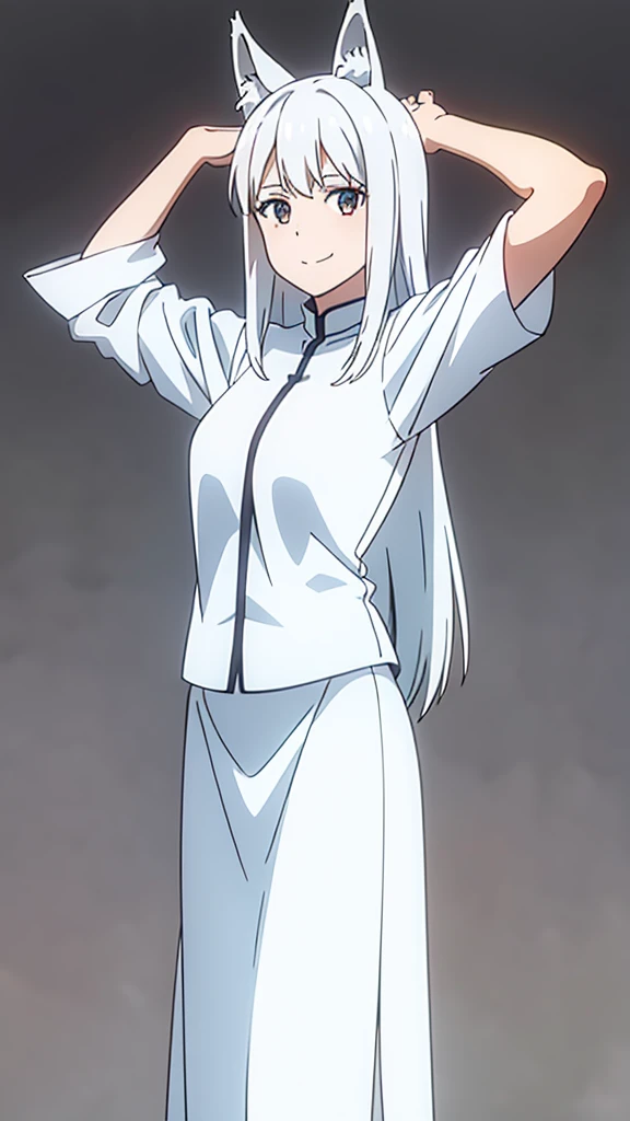 1girl ,solo,20s,mature female,white hair,long hair,fox ears,(simple background),white shirt,white skirt,smile,tehepero,dojikko pose,arm up