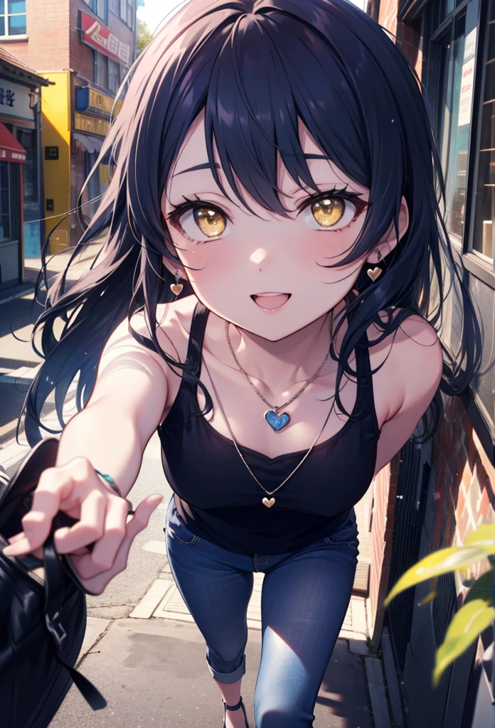 you like it, Umi Sonoda, Long Hair, Blue Hair, (Yellow Eyes:1.5) (Flat Chest:1.2),Blue Tank Top,Heart Necklace,Skinny jeans,Stiletto heels,happy smile, smile, Open your mouth,Walking,Daytime,Clear skies,whole bodyがイラストに入るように,
break outdoors, Building district,  　　　　　　　　　　　break looking at viewer,whole body,
break (masterpiece:1.2), Highest quality, High resolution, unity 8k wallpaper, (figure:0.8), (Beautiful attention to detail:1.6), Highly detailed face, Perfect lighting, Highly detailed CG, (Perfect hands, Perfect Anatomy),