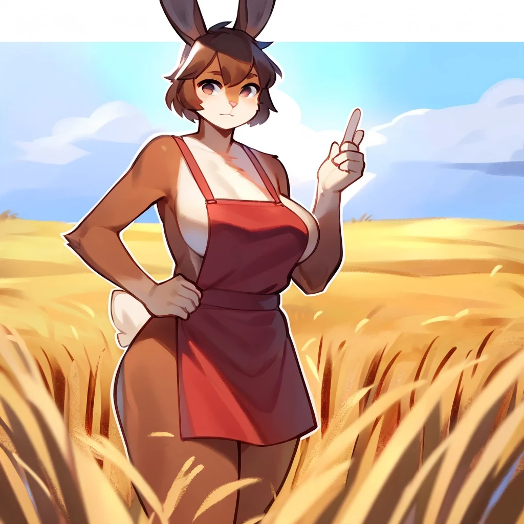 Short busty bunny wearing only a red apron, brown fur, Wheat field, looking into the distance, от bebebebebe, by Spydjeks, by SpikedMauler
