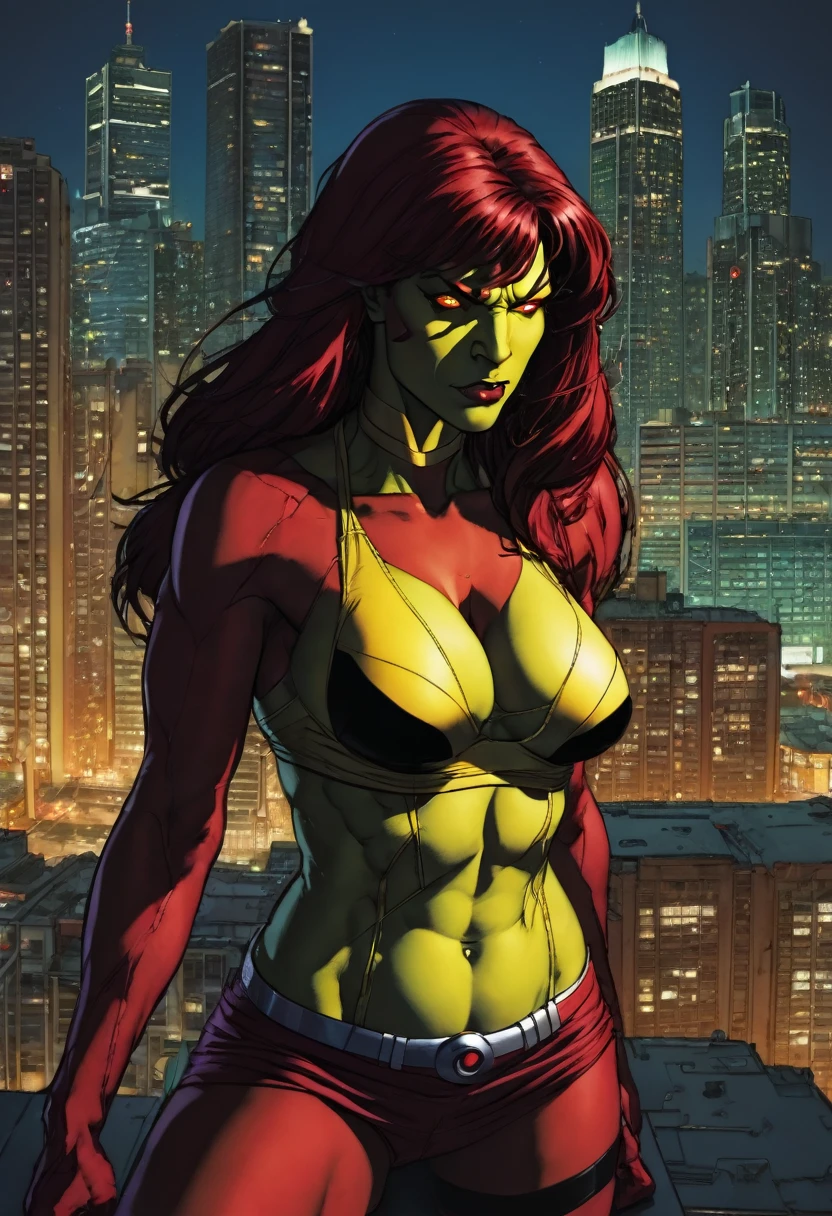 RedSheHulk, yellow eyes, red skin, 
cityscape, night,  
smug,