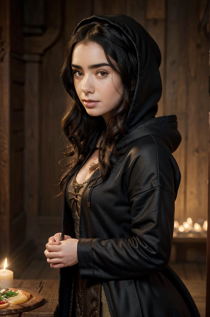 Lily Collins with curly black hair in a hoodie and wearing a medieval dress illustration is detailed, soft and bright, HD art by Greg Hildebrandt, Liu Citemer, Sejic Stjepan, Samyang, Aykut Aydogdu, Justin Gerard, Alphonse Mucha, Artgerm, WLOP and Greg rutkowski