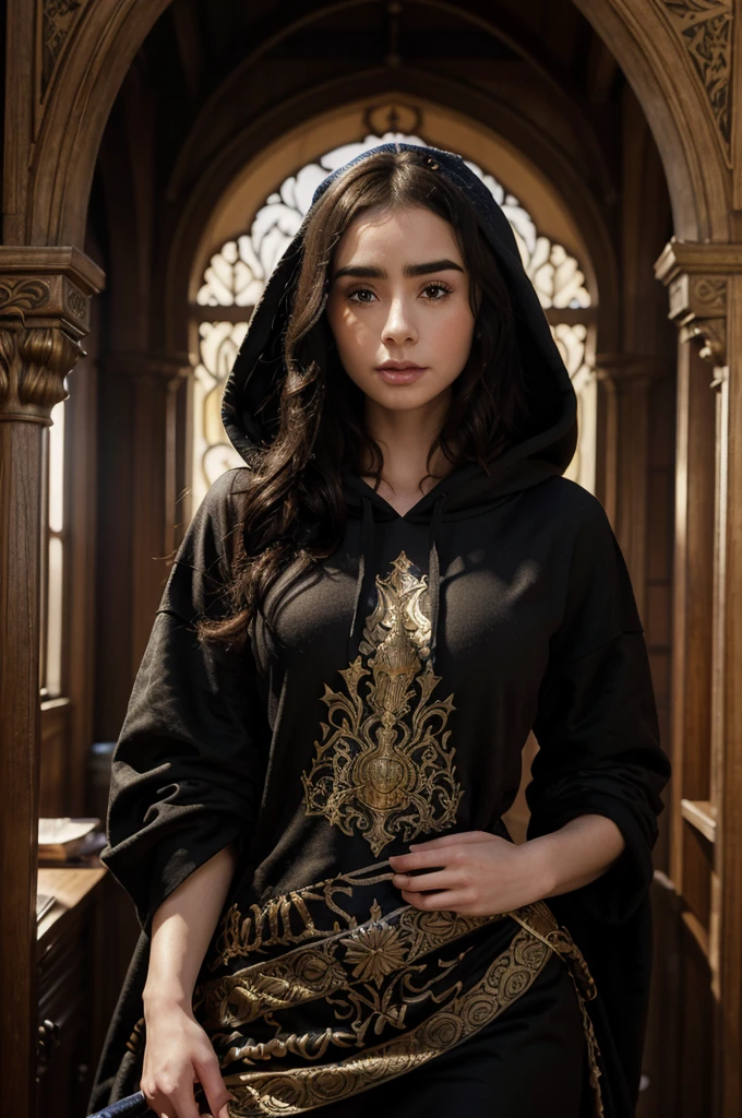 Lily Collins with curly black hair in a hoodie and wearing a medieval dress illustration is detailed, soft and bright, HD art by Greg Hildebrandt, Liu Citemer, Sejic Stjepan, Samyang, Aykut Aydogdu, Justin Gerard, Alphonse Mucha, Artgerm, WLOP and Greg rutkowski