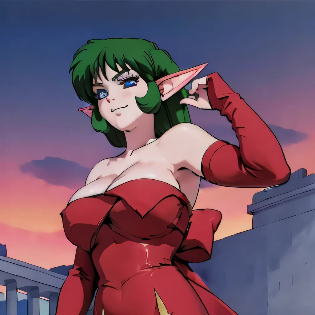  ((masterpiece,best quality,ultra-delicate,Perfect Face,16k,high resolution,very beautiful girl)),medium short green hair,Red strapless bodycon tube dress ,Red long arm sleeves,red high heels,Elf Girl,large Breasts,blue eyes,Beautiful smile,20 years old,cowboy shot