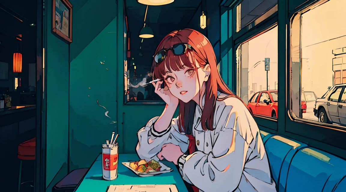 Beautiful redhead Asian girl sitting in a diner at night, Visible from the window, Perfect Face, sunglasses, Smoking white Taylormade cigarettes, Neon Black, (Backlit: 1.1), Hard Shadows, masterpiece, Highest quality, Complex, Model shooting style, Vintage, Film Grain, Incomplete details,backtothefuture