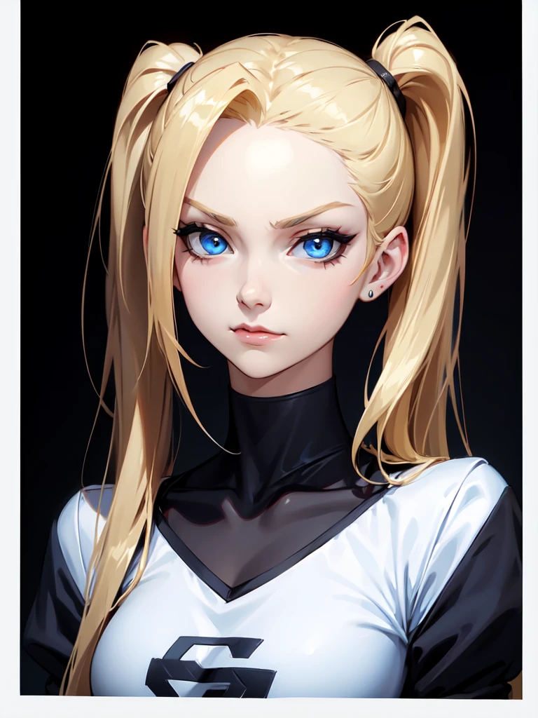 (((Portrait Photo))), She is a Young Girl with a Small, Slender Build, and an Athletic Figure, Exuding Youthfulness. She has Long, Blonde Hair, Styled in High, Long Twin Pigtails, with Strands Falling Over Her Forehead. Her Bright Blue Eyes Express a Mischievous and Smug Look, Giving Off a Defiant and Arrogant Attitude. She Wears a White High-Neck Crop Top with Side Cutouts Revealing Her Breasts and Loose Sleeves, Paired with High-Waisted White Sweatpants. (((High Quality, Dark Background))), (((Portrait Photo)))