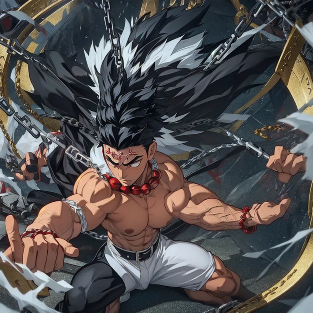 1male, solo, Black hair, white eyes, Gyomei Himejima (best quality, masterpiece: 1.4), Fight position, ready to fight, fighting pose, mad, huge body, swinging chains, spiked chain, axe chains