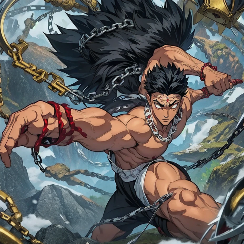 1male, solo, Black hair, white eyes, Gyomei Himejima (best quality, masterpiece: 1.4), Fight position, ready to fight, fighting pose, mad, huge body, swinging chains, spiked chain, axe chains