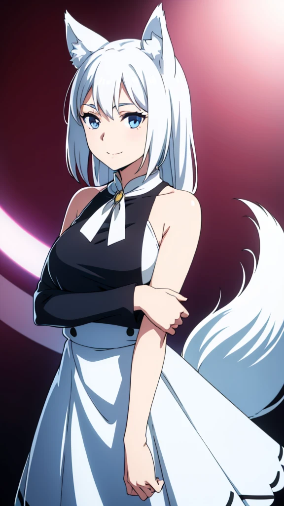 1girl ,solo,20s,mature female,white hair,long hair,fox ears,(simple background),white shirt,white skirt,smile,hand on own arm,upper body