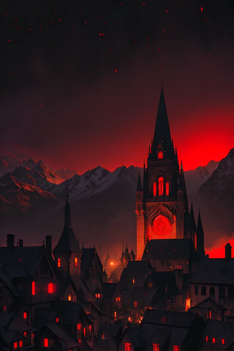 old European village shot with bird view, (Red glowing eyes), masterpiece, Depth of written boundary, Lutz, Gwaites style artwork, Gothic aesthetics, Dark Vampire village, ((in the dark gothic style cathle:1)), ((dark mid-night time:1.5)),