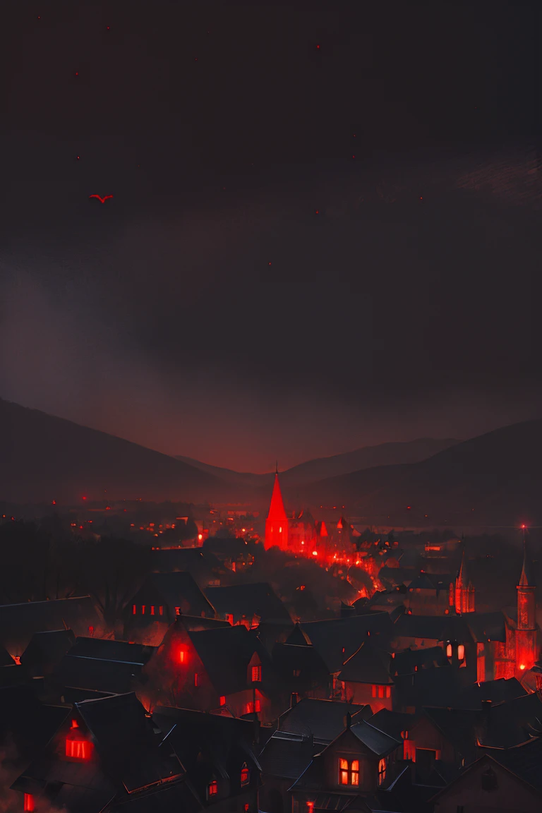 old European village shot with bird view, (Red glowing eyes), masterpiece, Depth of written boundary, Lutz, Gwaites style artwork, Gothic aesthetics, Dark Vampire village, ((in the dark gothic style cathle:1)), ((dark mid-night time:1.5)),