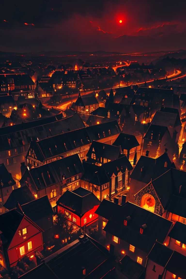 old European village shot with bird view, (Red glowing eyes), masterpiece, Depth of written boundary, Lutz, Gwaites style artwork, Gothic aesthetics, Dark Vampire village, ((in the dark gothic style cathle:1)), ((dark mid-night time:1.5)),