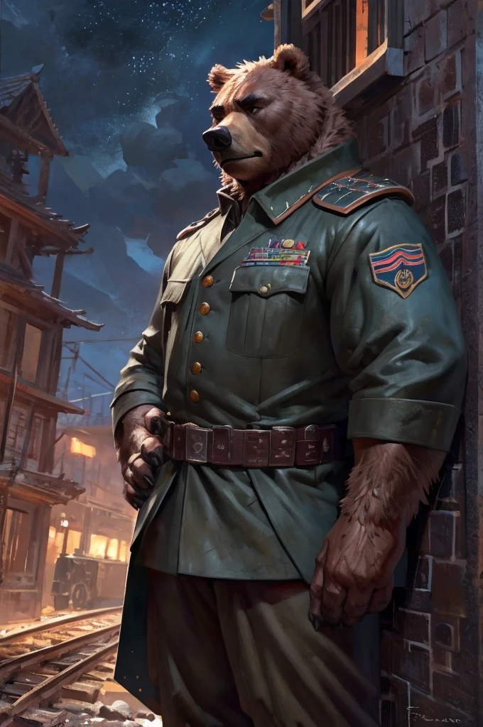 By Taran Fiddler, one man, anthro bear, brown fur, dilf, wrinkly face, sad and melancholic look, bushy eyebrows, wearing trench world war one uniform, hands to his hips, stern facial expression, grumpy, standing infront of a old train station leaning on the wall looking forward crestfallen, in a midnight rainy ambience.