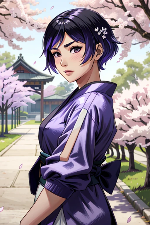 ((ultra detailed, masterpiece, absurdres))
T8Reina, 1girl, short hair, purple hair, multicolored hair, in a traditional kimono, surrounded by cherry blossoms