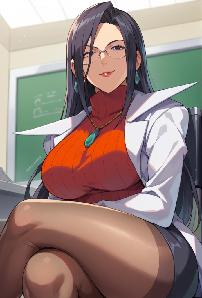 score_9, score_8_up, score_7_up, score_6_up, source_anime, BREAK 1girl, solo,seductive smile,mkyouko, black hair, glasses, earrings, necklace, labcoat, red sweater, turtleneck, black miniskirt, pantyhose, big breasts, school,infirmary,chair,sitting, crossed legs,from below