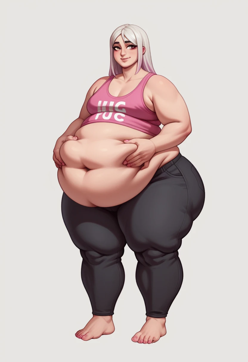 Masterpiece, perfect face, perfect hands, Sunkissed skin all over, Thicc, moobs, pink fingernails and pink toenails, extremely morbidly obese, pink and white hair, ((wearing)), pink tanktop, black pants, detailed feet, voluptuous, feminine boy, femboy, smile, (anatomically correct), (Perfect/ realistic proportions:1.2), (overwhelmingly fat arms, obese face), hands grabbing belly, ((extremely widest hips possible!)), ((extremely massive thick thighs, morbidly large belly), belly overhang!)), (1080P, 4k UHD, Masterpiece:2.1!) ((single)), background: tilted towers_fortnite