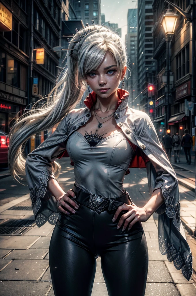 (masterpiece, best quality:1.2), cowboy shot, weissvale, smile, closed mouth, hand on hip, looking at viewer, long white hair, side ponytail, scar above eye, scar below eye, t-shirt, yoga pants,  jewelry, necklace, earrings, in city street (future_urban, crowd, (volumetric lighting), intricate details, tonemapping, sharp focus, hyper detailed 