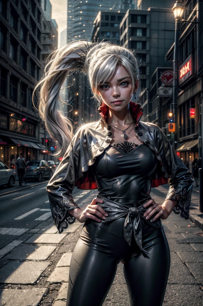 (masterpiece, best quality:1.2), cowboy shot, weissvale, smile, closed mouth, hand on hip, looking at viewer, long white hair, side ponytail, scar above eye, scar below eye, t-shirt, yoga pants, jewelry, necklace, earrings, in city street (future_urban, crowd, (volumetric lighting), intricate details, tonemapping, sharp focus, hyper detailed