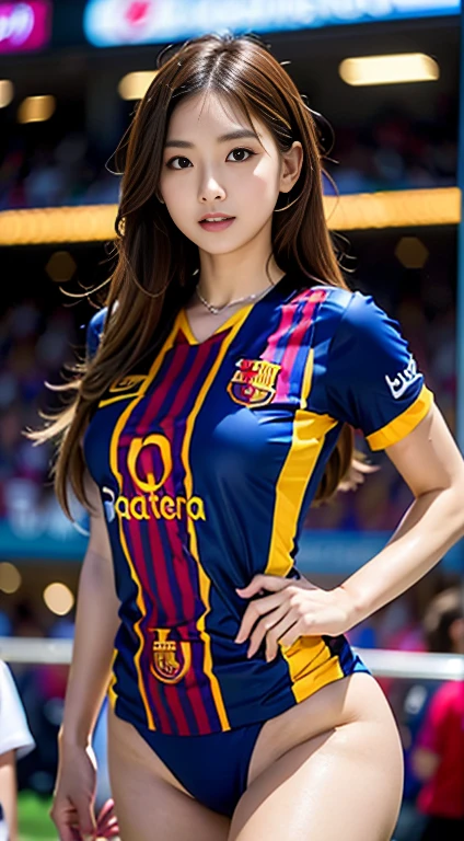 One Girl, Hair length, Very beautiful face, Hairstyle on, ((Barcelona Soccer Jersey)), Tops and bikinis, Huge , Big Ass, (Curvaceous), Professional makeup, necklace, thin、Very nice proportions、Vacation at the soccer stadium, (cyber punk), Dynamic Light, Dynamic Angle, (Seductive pose), Beautiful curves,Korean Idol、Nogizaka Idol、、Burning idol pose、It feels good to be seen by everyone!、I want to take it off!、I want to take it off!、I want to take it off!、I want to take it off! Infinite Strip、She wants to release even more eroticism、