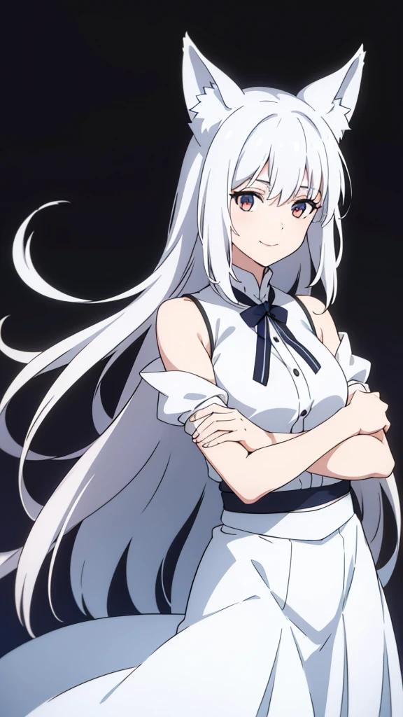 1girl ,solo,20s,mature female,white hair,long hair,fox ears,(simple background),white shirt,white skirt,smile,hand on own arm,upper body