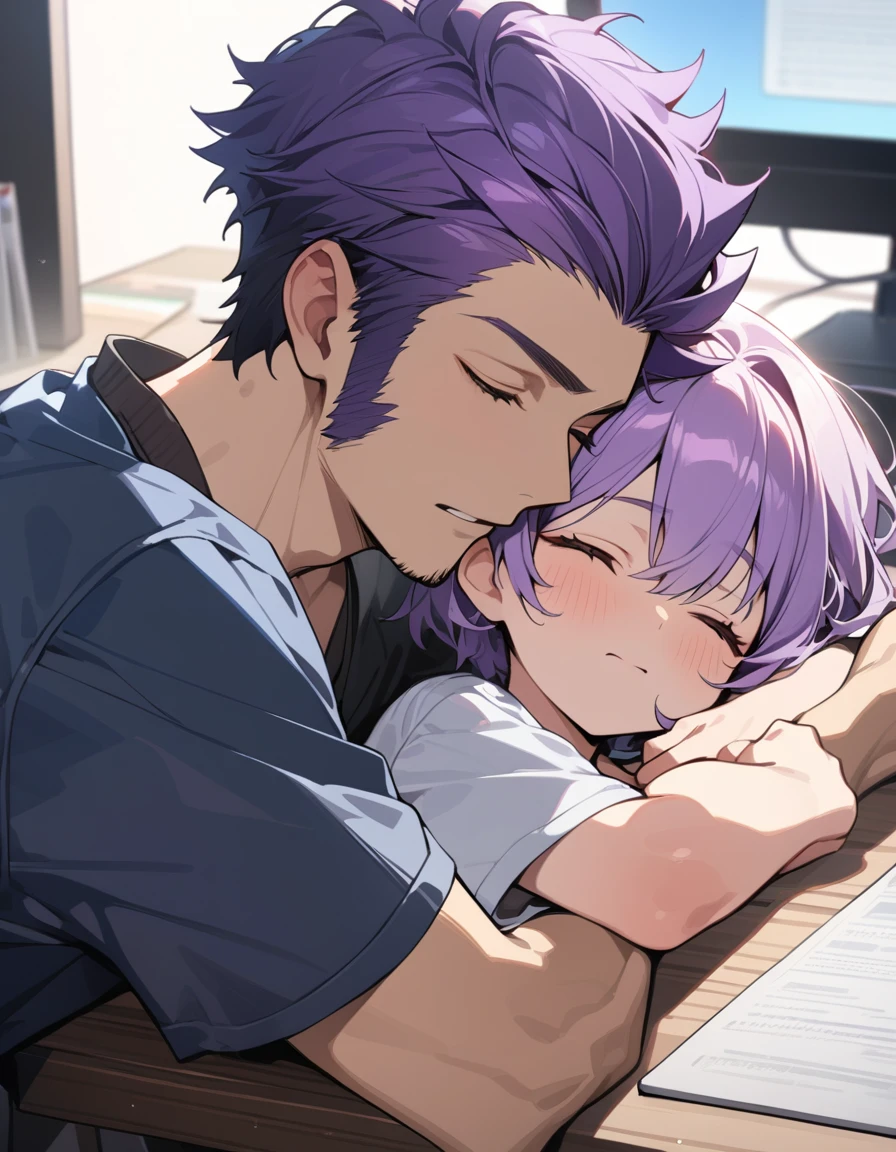 masterpiece, best quality, Extremely detailed, Extremely detailed, Flat anime, 2D,
((1 boy)),Purple Hair, (short hair:1.5),With eyes closed,(young people:1.2), Ear-length sideburns,Fell asleep on the computer desk，Shining a faint light on his face，Darker background