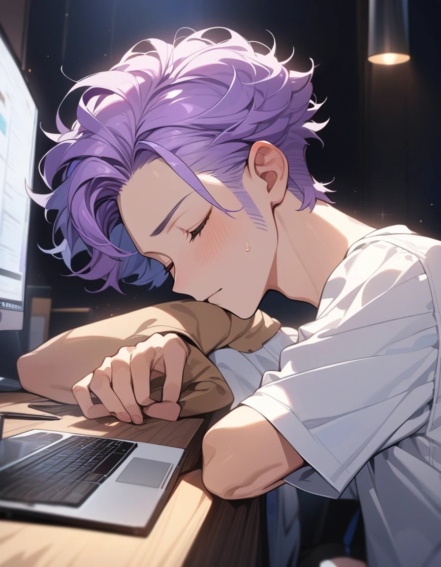 masterpiece, best quality, Extremely detailed, Extremely detailed, Flat anime, 2D,
((1 boy)),Purple Hair, (short hair:1.5),With eyes closed,(young people:1.2), Ear-length sideburns,Fell asleep on the computer desk,Shining a faint light on his face,Darker background