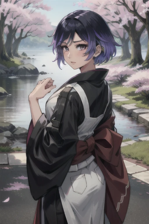 ((ultra detailed, masterpiece, absurdres)) T8Reina, 1girl, short hair, purple hair, multicolored hair, in a traditional kimono, surrounded by cherry blossoms
