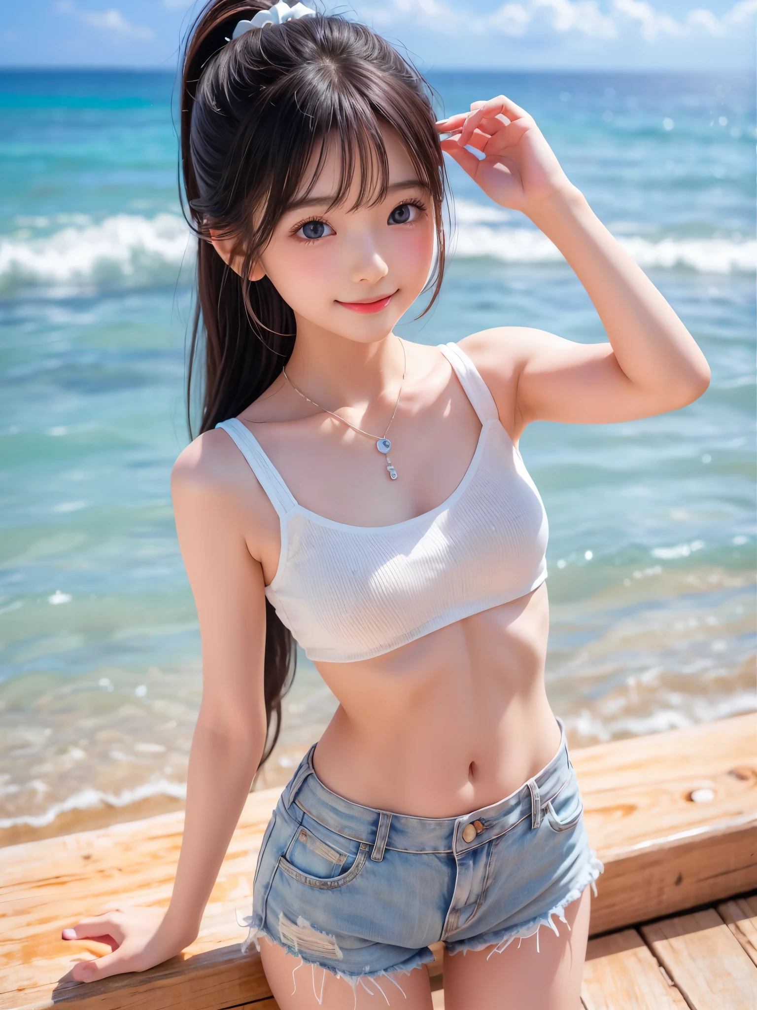 masutepiece、​masterpiece、top-quality、ultra-detailliert、hight resolution、 hight resolution、8K Portrait、Unity 8k Wallpapers、extremely details CG、Unity 8k壁纸、Highly detailed CG Unity 8k wallpaper、逼真、realperson、Portrait photos、shinny skin、high-detail、Beautiful clear eyes、Ultra-fine depiction、delicated face、Lovely lips、big breasts thin waist、Thin leg、(fullnude:1.6)、(flat chest:1.8)、Cute smile、((the beach))、(small tit:1.6)、(Denim shorts:1.4)、(Drill Hair:1.4)