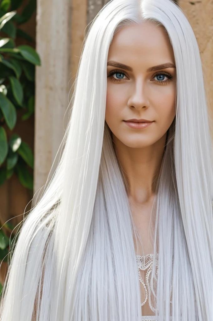 Woman long whitehair leater suite spy