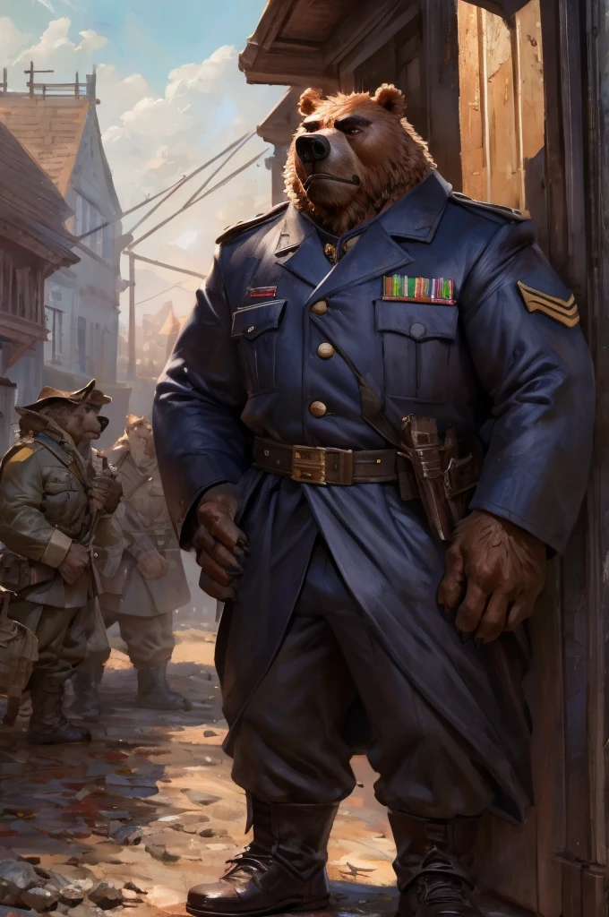 By Taran Fiddler, one man, anthro bear, brown fur, dilf, wrinkly face, sad and melancholic look, bushy eyebrows, wearing trench world war one uniform, hands to his hips, stern facial expression, grumpy, standing in front of a old train station leaning on the wall looking forward crestfallen, in a midnight rainy ambience.