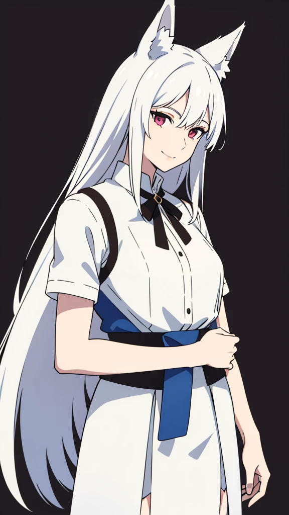1girl ,solo,20s,mature female,white hair,long hair,fox ears,(simple background),white shirt,white skirt,smile,hand on own arm,upper body