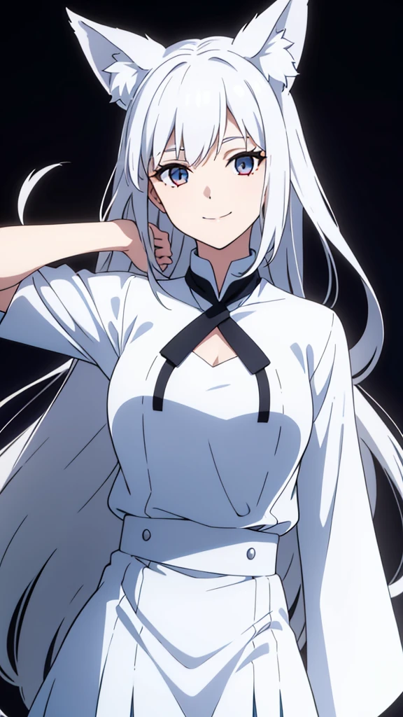1girl ,solo,20s,mature female,white hair,long hair,fox ears,(simple background),white shirt,white skirt,smile,hand on own arm,upper body