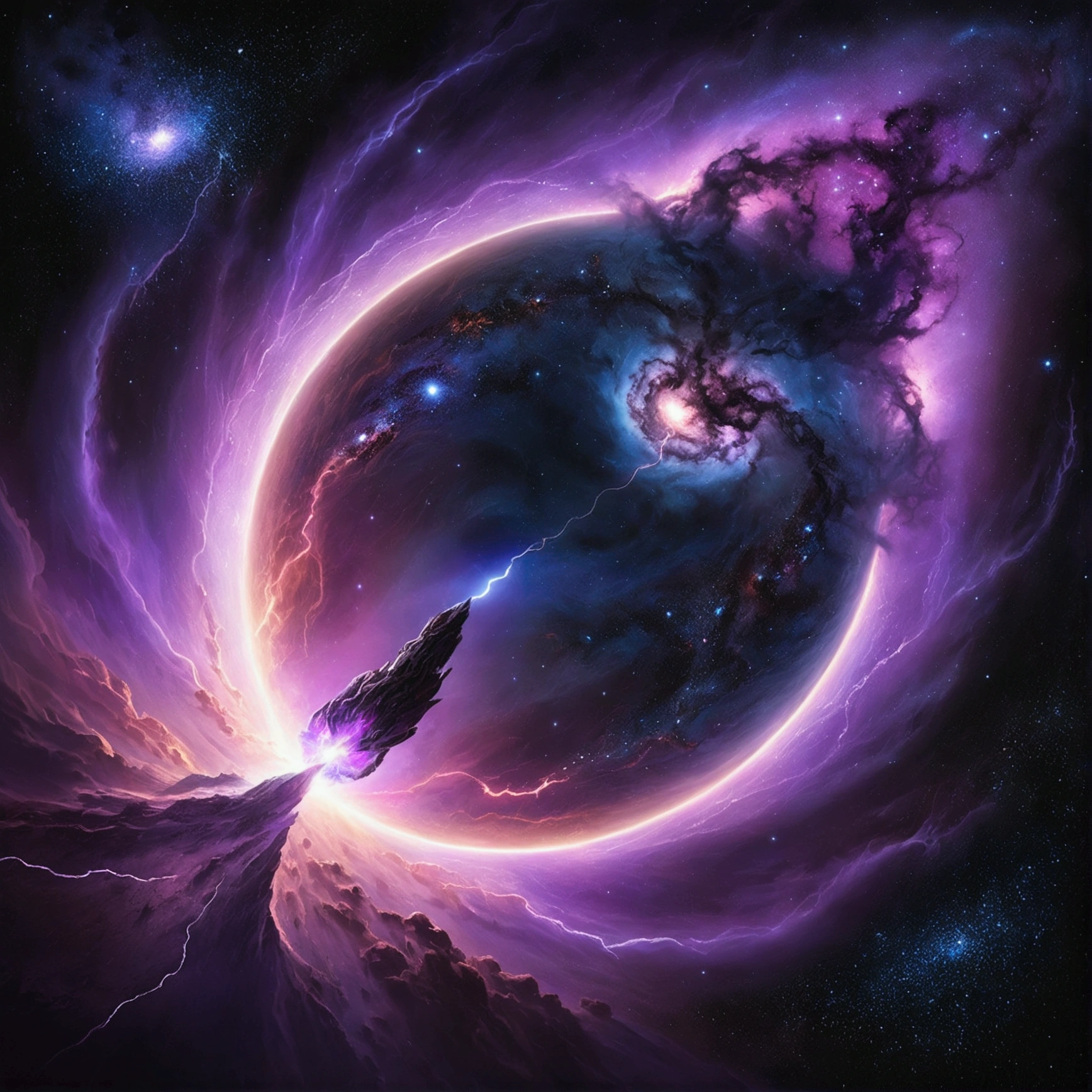 In the vast expanse of the cosmos, a nebula-shaped creature emerges before the serene surface of a distant planet. The creature's ethereal form undulates with an iridescent glow, as if infused with the essence of stardust. Amidst the swirling vortex of black and purple hues, lightning bolts crackle through the darkness, casting an otherworldly ambiance upon the celestial scene.