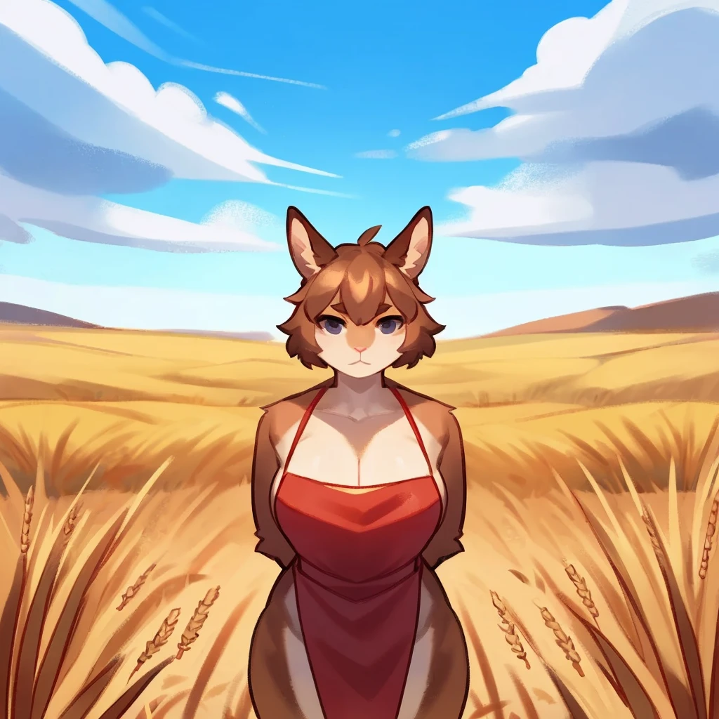 Short busty bunny wearing only a red apron, brown fur, Wheat field, looking into the distance, от bebebebebe, by Spydjeks, by SpikedMauler