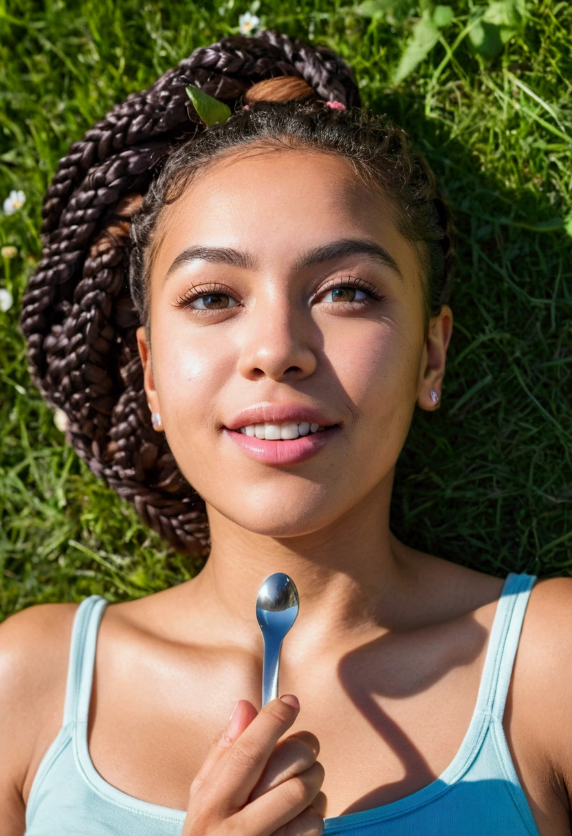 Mexican, black woman, 26 years old, with braided hair, photographed with a Fuji camera. She is in a quiet park in Berlin, lying on the grass and looking up at the blue sky. Capture the serenity of the moment and the connection with nature.
((detailed facial features)), ((wide angle)) cute, goddess of beauty, goddess, lovely, natural light, stunning, highly detailed, 8k, blurry, highly recommended, sharp focus, attractive pose ((RAW color photo with high detail)), sharp eyebrows, wide eyes, (((spoon body shape))), cute, soft smile, smiling, ((sharp look, eyes looking at camera)), masturbation, finger in vagina, ((vagina focus)), wet vagina