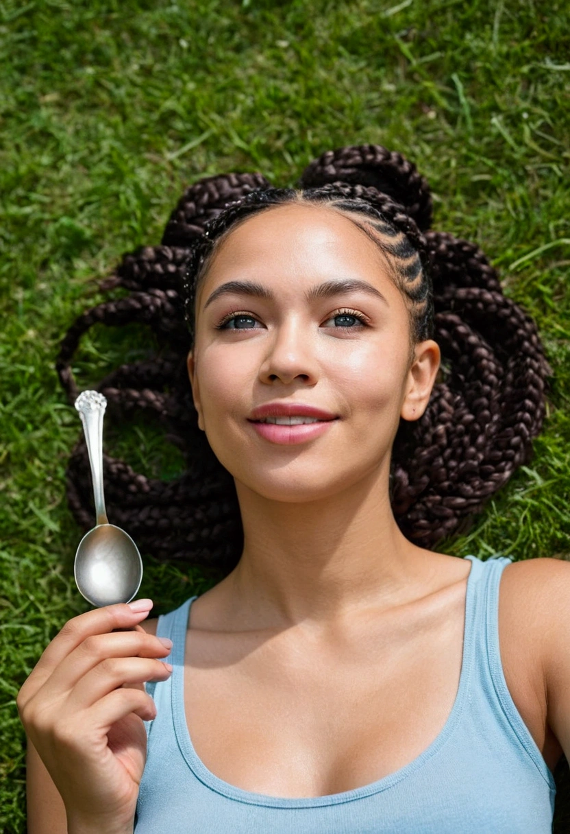 Mexican, black woman, 26 years old, with braided hair, photographed with a Fuji camera. She is in a quiet park in Berlin, lying on the grass and looking up at the blue sky. Capture the serenity of the moment and the connection with nature.
((detailed facial features)), ((wide angle)) cute, goddess of beauty, goddess, lovely, natural light, stunning, highly detailed, 8k, blurry, highly recommended, sharp focus, attractive pose ((RAW color photo with high detail)), sharp eyebrows, wide eyes, (((spoon body shape))), cute, soft smile, smiling, ((sharp look, eyes looking at camera)), masturbation, finger in vagina, ((vagina focus)), wet vagina