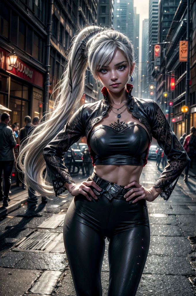(masterpiece, best quality:1.2), cowboy shot, weissvale, smile, closed mouth, hand on hip, looking at viewer, long white hair, side ponytail, scar above eye, scar below eye, t-shirt, yoga pants, jewelry, necklace, earrings, in city street (future_urban, crowd, (volumetric lighting), intricate details, tonemapping, sharp focus, hyper detailed