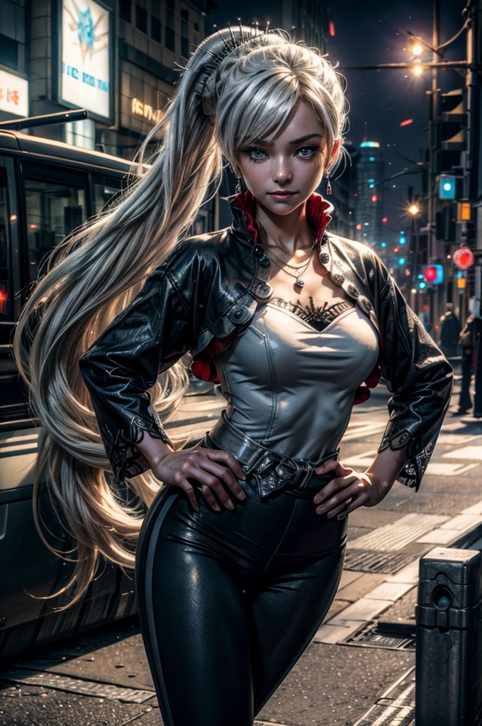 (masterpiece, best quality:1.2), cowboy shot, weissvale, smile, closed mouth, hand on hip, looking at viewer, long white hair, side ponytail, scar above eye, scar below eye, t-shirt, yoga pants, jewelry, necklace, earrings, in city street (future_urban, crowd, (volumetric lighting), intricate details, tonemapping, sharp focus, hyper detailed